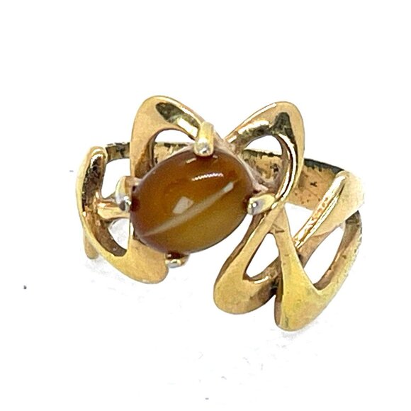Tiger Eye VTG Art Nouveau 18KT HGE Gold Plate Ring Abstract MCM Retro Size 6.25 - Picture 5 of 11
